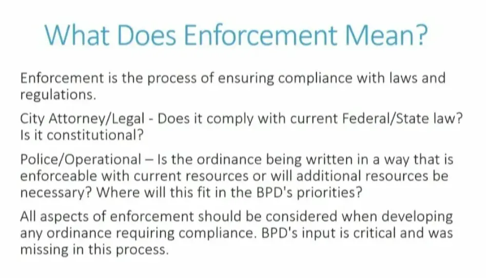 Screenshot of slide from Bremerton City Council Recording: What does Enforcement Mean?