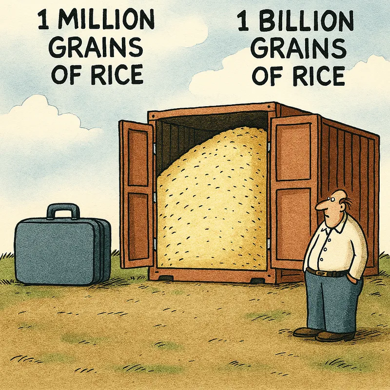 A billion grains vs. a million grains of rice (Far Side style) - GPT5.2
