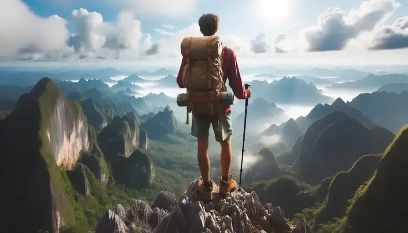 Peace from Above - A hiker with a trekking pole stands atop a peak surveying the world below, at peace