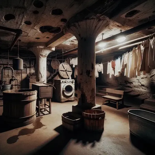 Photo of an old, expansive basement in 1948 Bremerton, Washington. The basement is dimly lit, showcasing its age with cracked walls and significant holes. Nearby, there's a traditional washer, washtub, and a clothesline with freshly hung clothes. The atmosphere is permeated with an eerie vibe, with the shadows of the basement hinting at its unseen corners.
