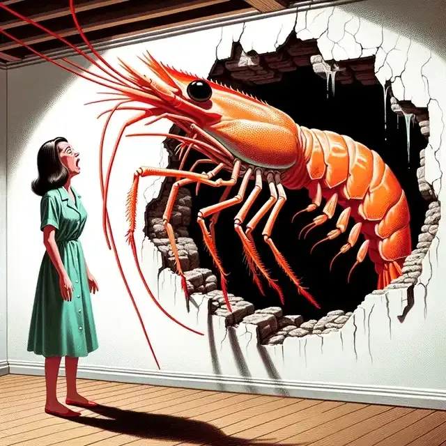 Illustration capturing the moment Virginia, a five-foot-tall woman, discovers the gigantic shrimp-like creature in her apartment's basement. She stands frozen, her face reflecting sheer terror. From a large hole in the basement wall, the silhouette of an enormous shrimp emerges. It has a bright orange body, spindly thin legs, and moving antennae. The creature's size is emphasized in contrast to Virginia.