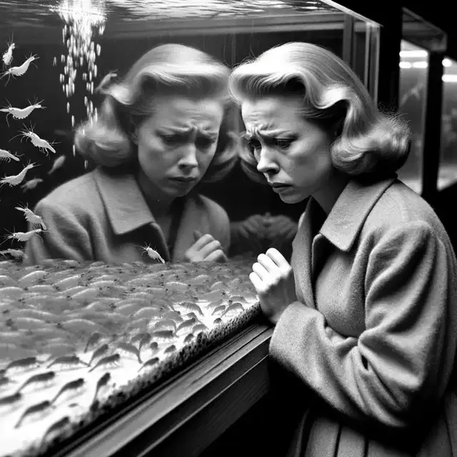Photo portraying Virginia, looking visibly distressed, standing in front of a glass tank in an aquarium during the late 1940s. Inside the tank, small shrimps move around. The reflection in the glass shows Virginia&#x27;s pensive and searching expression as she tries to correlate the creature she saw with the small shrimps in front of her.