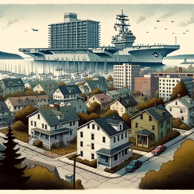 Illustration of the modern-day landscape of Bremerton, showing the Navy&#x27;s significant expansion. Old buildings have made way for new structures, and notably absent is the apartment building on Denny Street. The scene is imbued with a sense of melancholy, evoking the passage of time and the memories attached to the places now gone.