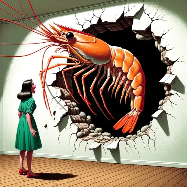 Illustration capturing the moment Virginia, a five-foot-tall woman, discovers the gigantic shrimp-like creature in her apartment's basement. She stands frozen, her face reflecting sheer terror. From a large hole in the basement wall, the silhouette of an enormous shrimp emerges. It has a bright orange body, spindly thin legs, and moving antennae. The creature's size is emphasized in contrast to Virginia. The style is more fantastical and surreal.