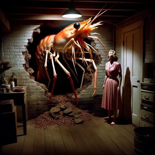 Photo in the style of a 1948 scene where Virginia, a five-foot-tall woman, is in the basement of her Bremerton apartment. The lighting is dim, and the atmosphere eerie. Suddenly, from a hole in the wall, a gigantic shrimp-like creature with a bright orange body, thin legs, and moving antennae appears. Virginia&#x27;s face is filled with terror, and the overall tone matches the vintage and realistic style of the first image.