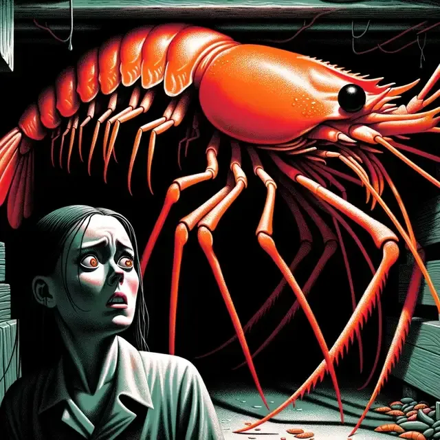 Illustration depicting Virginia in the basement, her face pale with fear. In the background, a massive shrimp-like creature looms, its bright orange body contrasting with the dark environment. The creature&#x27;s spindly legs and moving antennae add to the unsettling atmosphere. The art style is slightly abstract, emphasizing the surreal nature of the encounter.