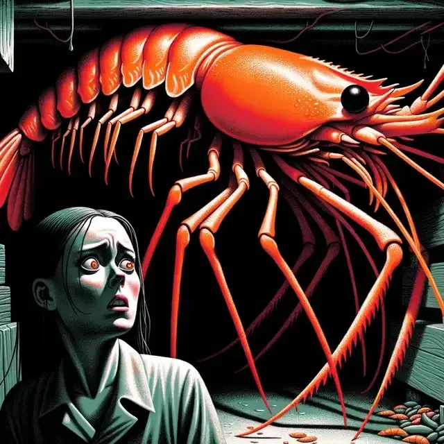 Illustration depicting Virginia in the basement, her face pale with fear. In the background, a massive shrimp-like creature looms, its bright orange body contrasting with the dark environment. The creature's spindly legs and moving antennae add to the unsettling atmosphere. The art style is slightly abstract, emphasizing the surreal nature of the encounter.